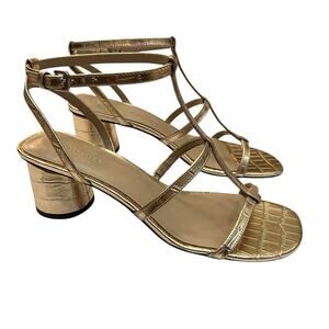 Ann Taylor Holland Gold Strappy Heels 8M Leather Croc Embossed Party Holiday